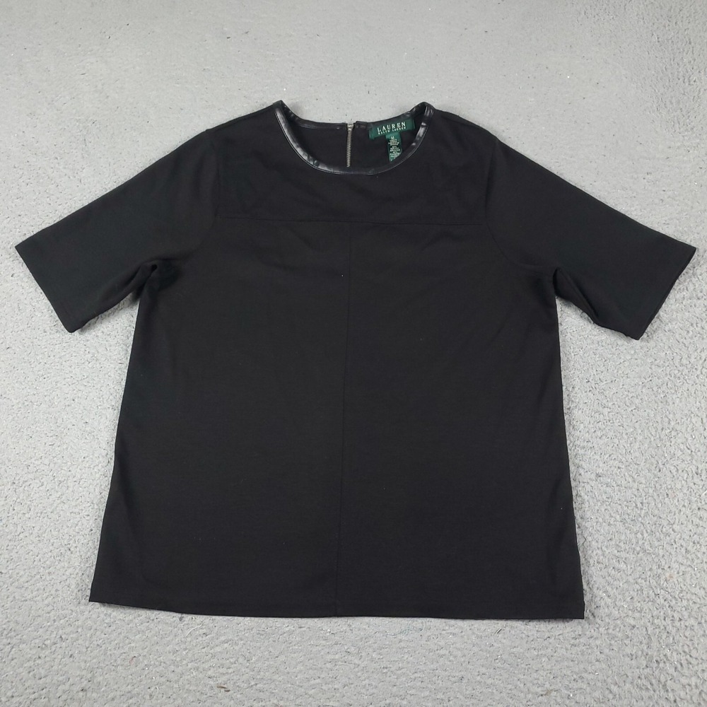 Lauren Ralph Lauren Black Zip Back Top Faux Leather Trim Short Sleeve Medium